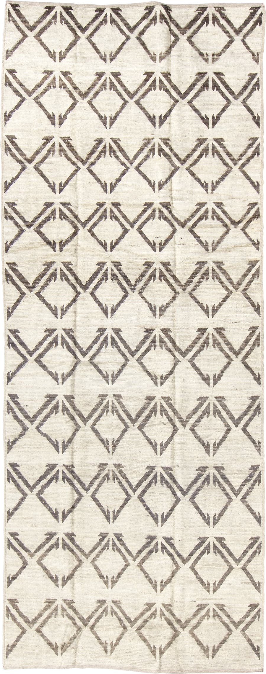 4' x 11' one-of-a-kind handmade vintage Tulu runner rug. Color palette: ivory, charcoal, taupe, black, gray, beige