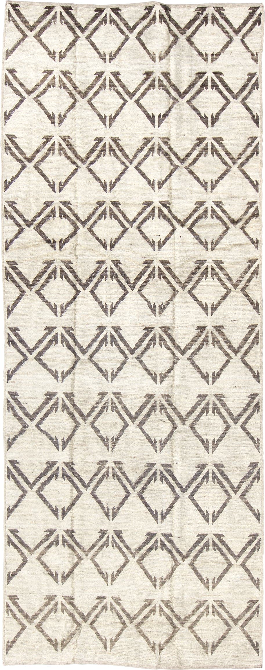 4' x 11' one-of-a-kind handmade vintage Tulu runner rug. Color palette: ivory, charcoal, taupe, black, gray, beige