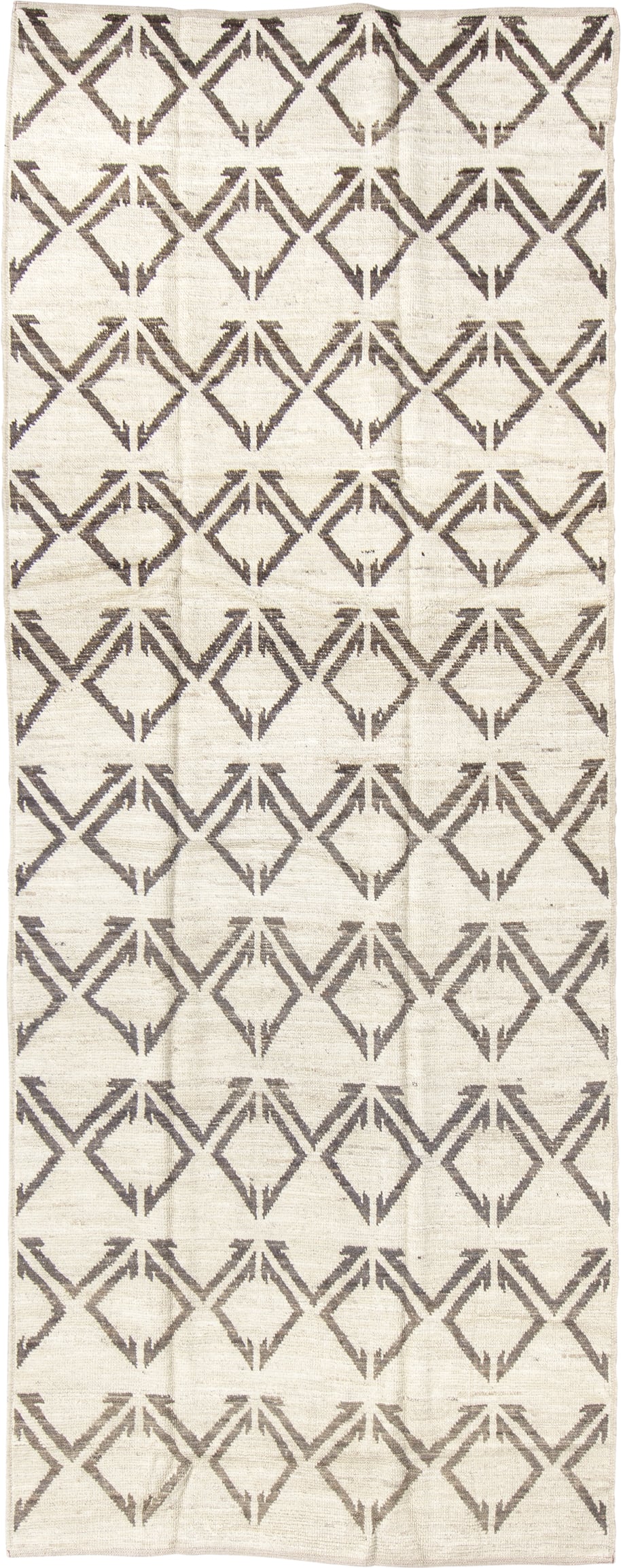 4' x 11' one-of-a-kind handmade vintage Tulu runner rug. Color palette: ivory, charcoal, taupe, black, gray, beige