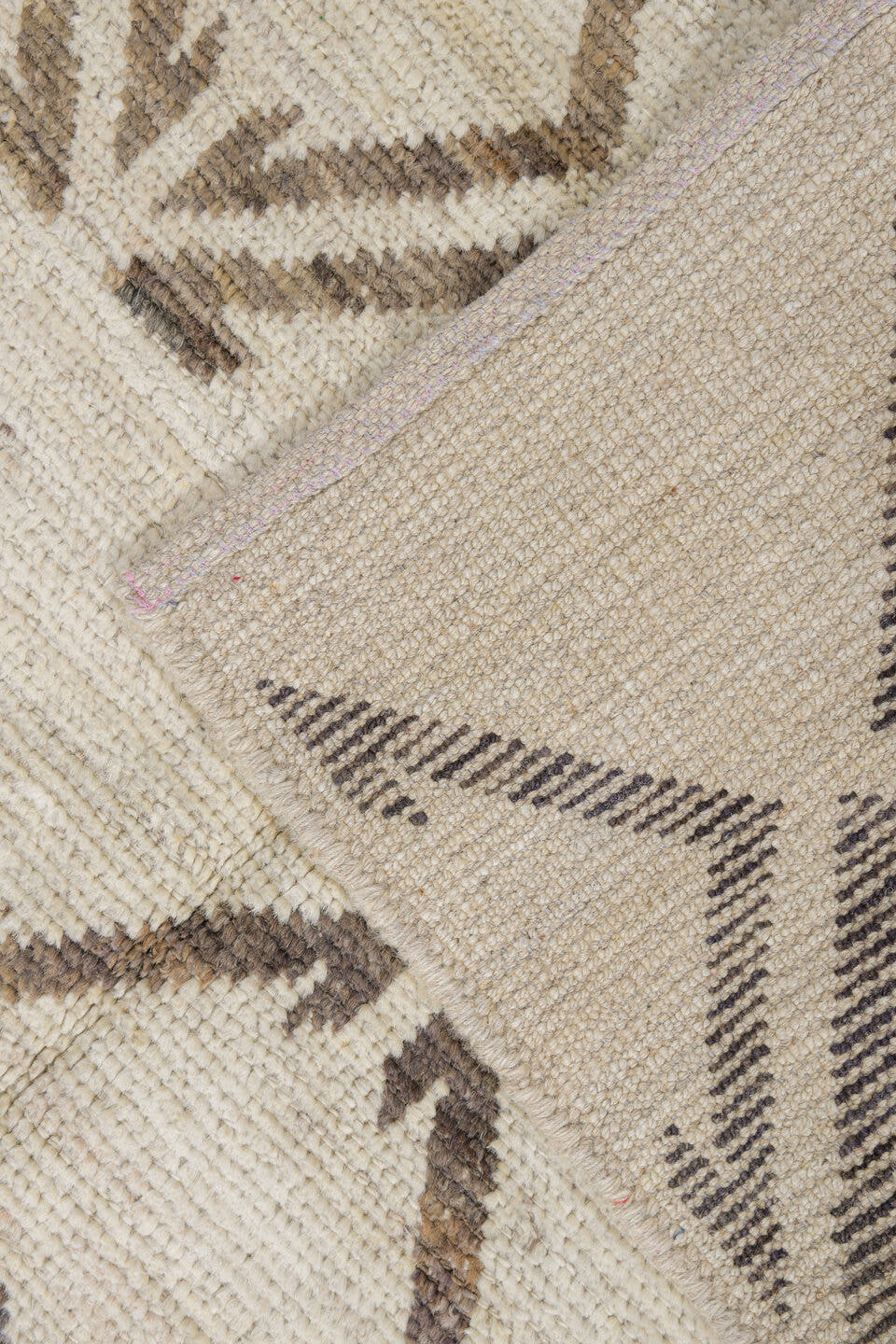 4' x 11' one-of-a-kind handmade vintage Tulu runner rug. Color palette: ivory, charcoal, taupe, black, gray, beige
