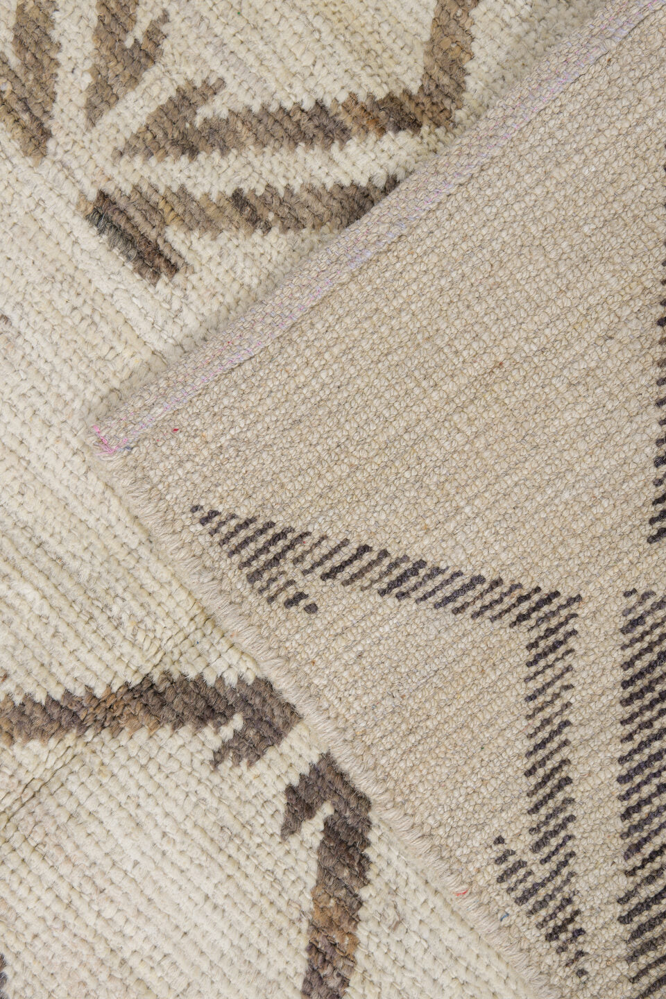 4' x 11' one-of-a-kind handmade vintage Tulu runner rug. Color palette: ivory, charcoal, taupe, black, gray, beige