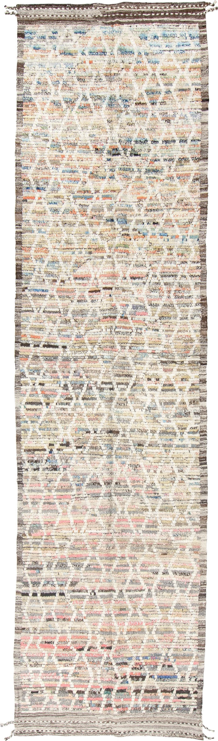 3' x 12' one-of-a-kind handmade vintage Tulu runner rug. Color palette: ivory, taupe, charcoal, blush, sky_blue, cream