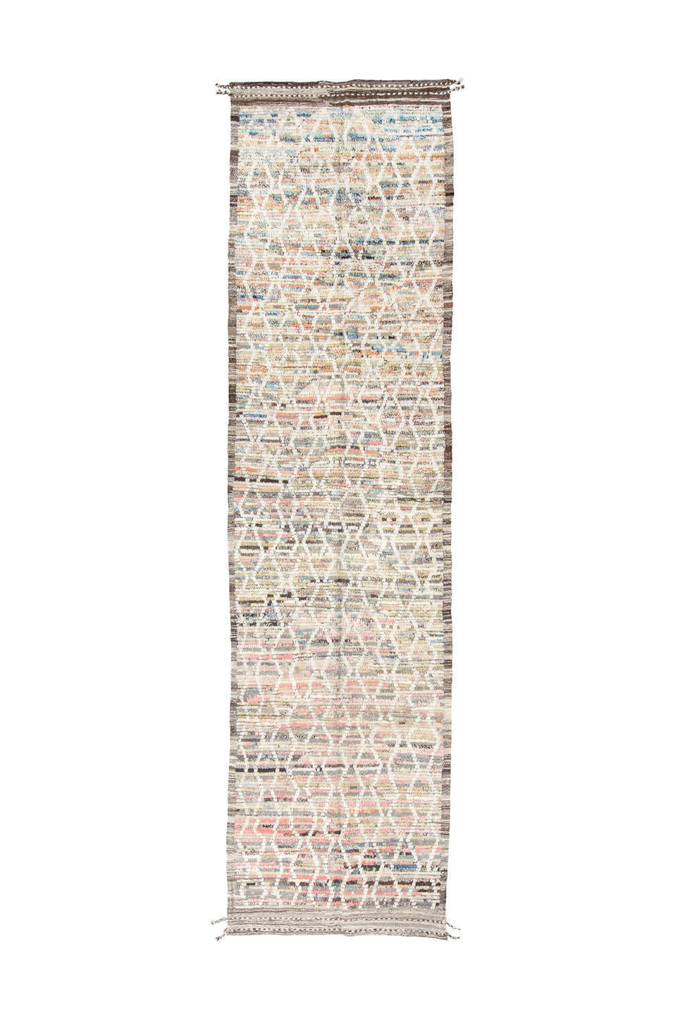 3' x 12' one-of-a-kind handmade vintage Tulu runner rug. Color palette: blue, brown, gray, indian red, light gray, off-white