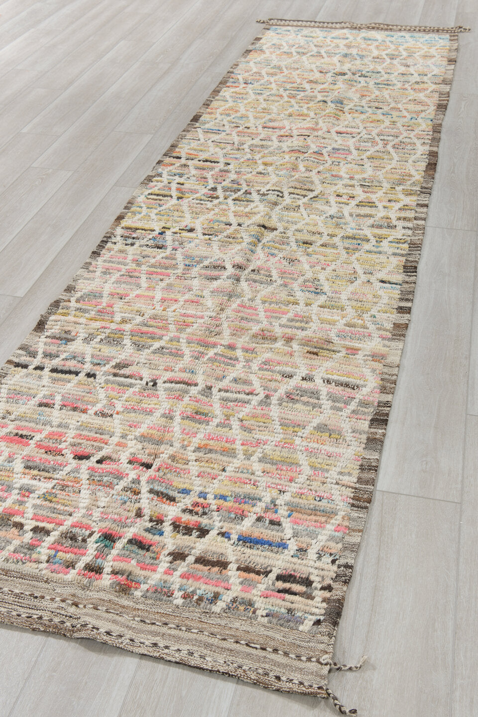3' x 12' one-of-a-kind handmade vintage Tulu runner rug. Color palette: ivory, taupe, charcoal, blush, sky_blue, cream