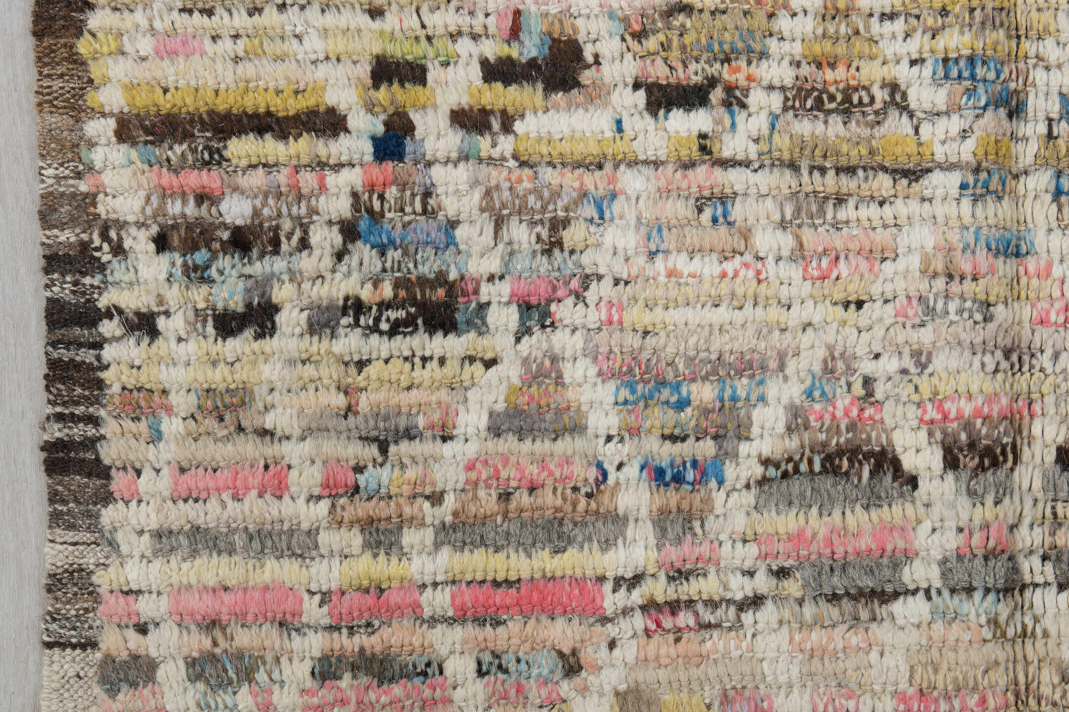 3' x 12' one-of-a-kind handmade vintage Tulu runner rug. Color palette: blue, brown, gray, indian red, light gray, off-white