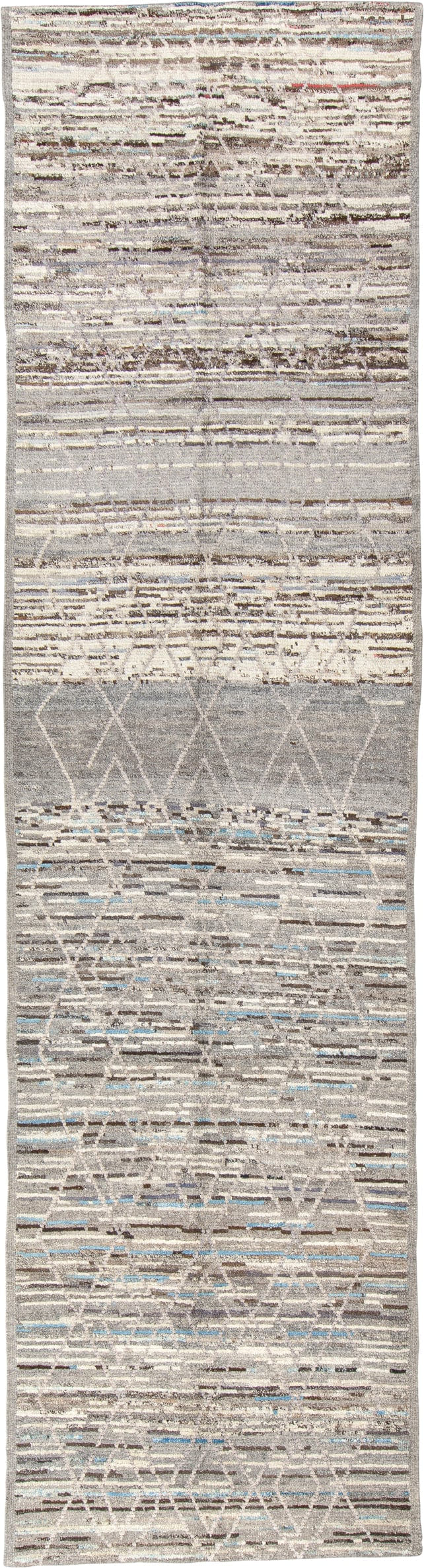 3' x 12' one-of-a-kind handmade vintage Tulu runner rug. Color palette: gray, ivory, taupe, charcoal, sky blue, brown, beige