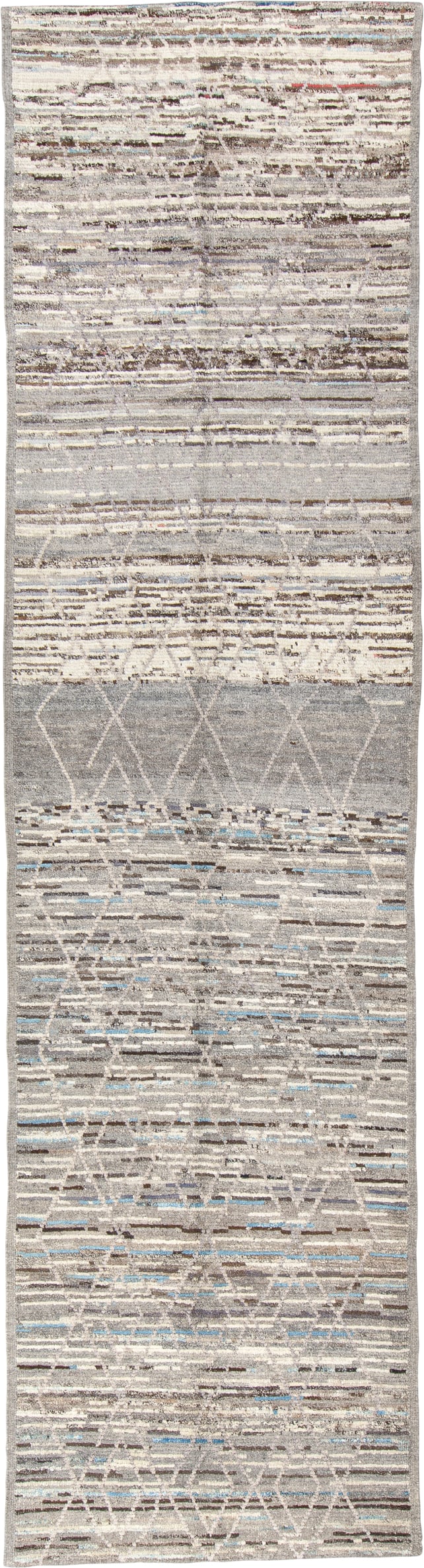 3' x 12' one-of-a-kind handmade vintage Tulu runner rug. Color palette: gray, ivory, taupe, charcoal, sky blue, brown, beige