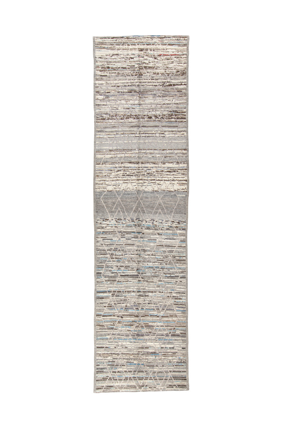 3' x 12' one-of-a-kind handmade vintage Tulu runner rug. Color palette: blue, dark gray, gray, light gray, off-white, silver