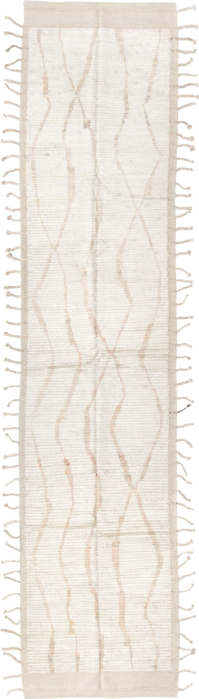 3' x 13' one-of-a-kind handmade vintage Tulu runner rug. Color palette: ivory, cream, beige, blush, taupe, pink, gray