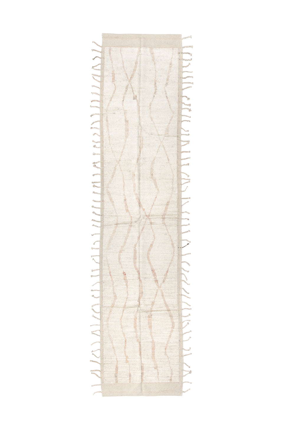 3' x 13' one-of-a-kind handmade vintage Tulu runner rug. Color palette: brown, gainsboro, gray, light gray, linen, off-white