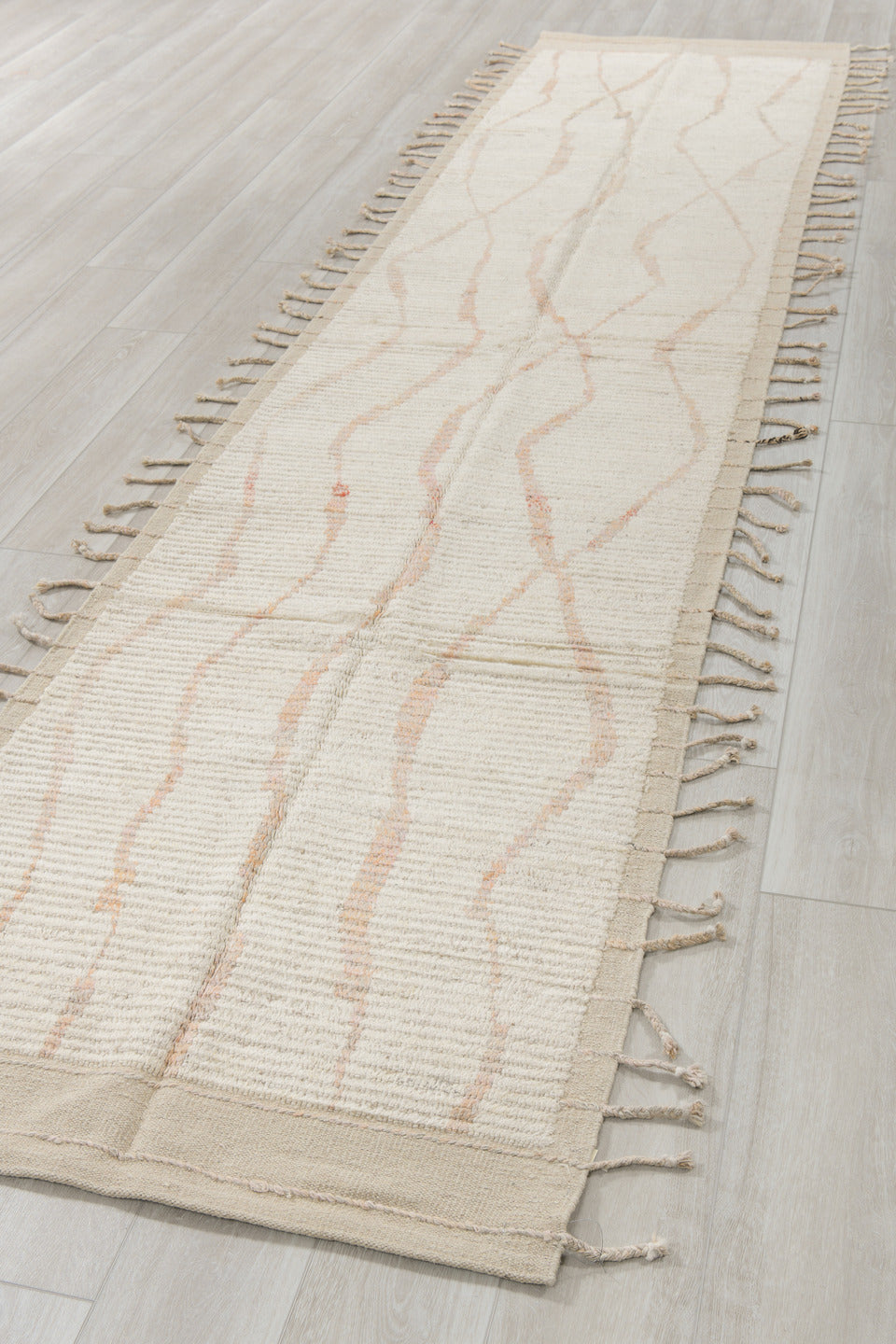 3' x 13' one-of-a-kind handmade vintage Tulu runner rug. Color palette: ivory, cream, beige, blush, taupe, pink, gray