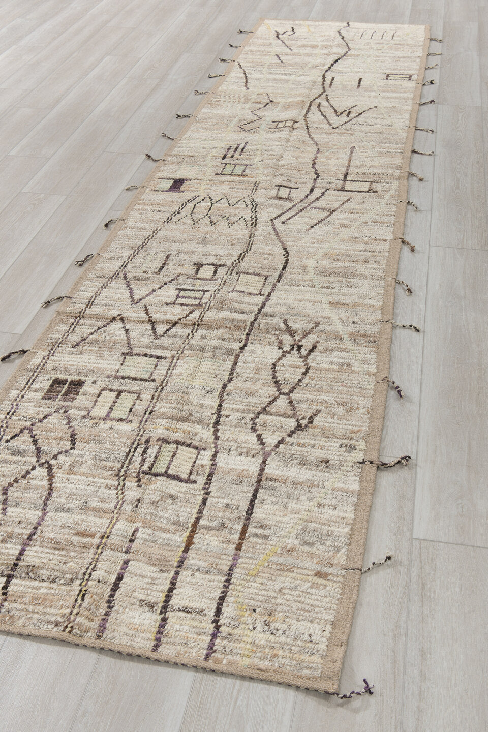 3' x 13' one-of-a-kind handmade vintage Tulu runner rug. Color palette: ivory, taupe, charcoal, beige, stone, gray, black