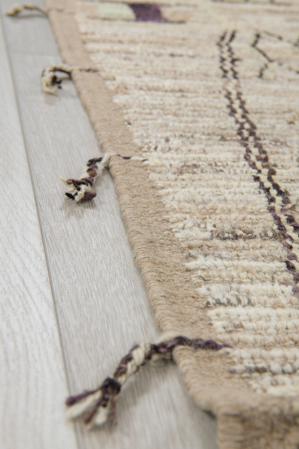 3' x 13' one-of-a-kind handmade vintage Tulu runner rug. Color palette: ivory, taupe, charcoal, beige, stone, gray, black
