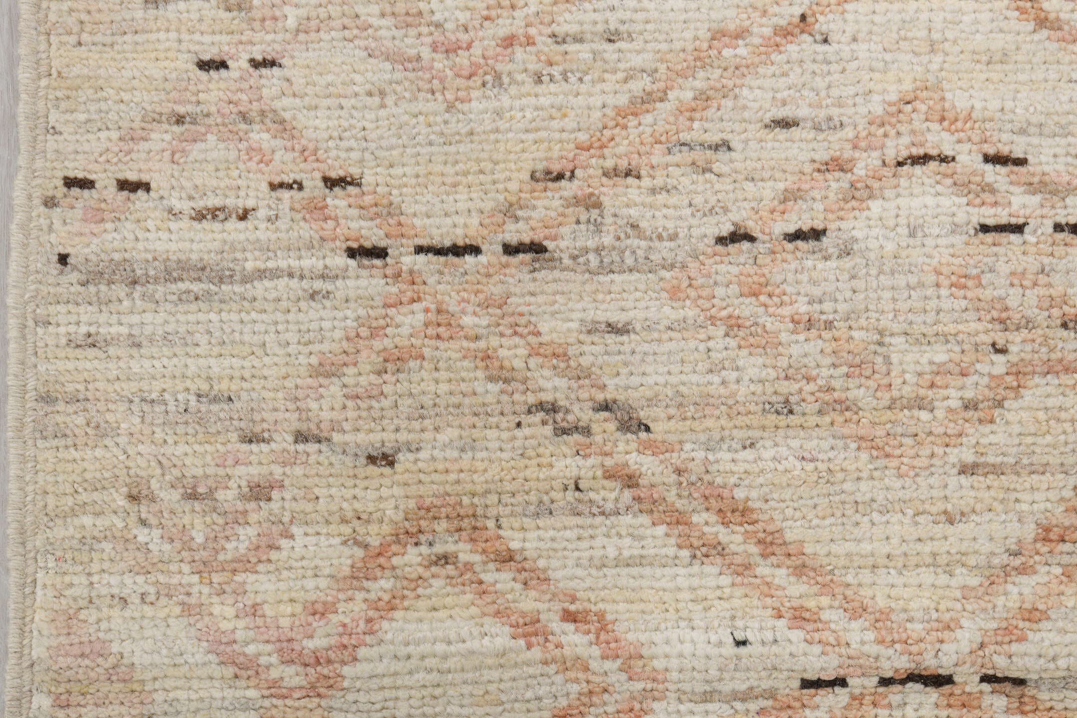 2' x 10' one-of-a-kind handmade vintage Tulu runner rug. Color palette: ivory, cream, blush, taupe, charcoal, pink, beige