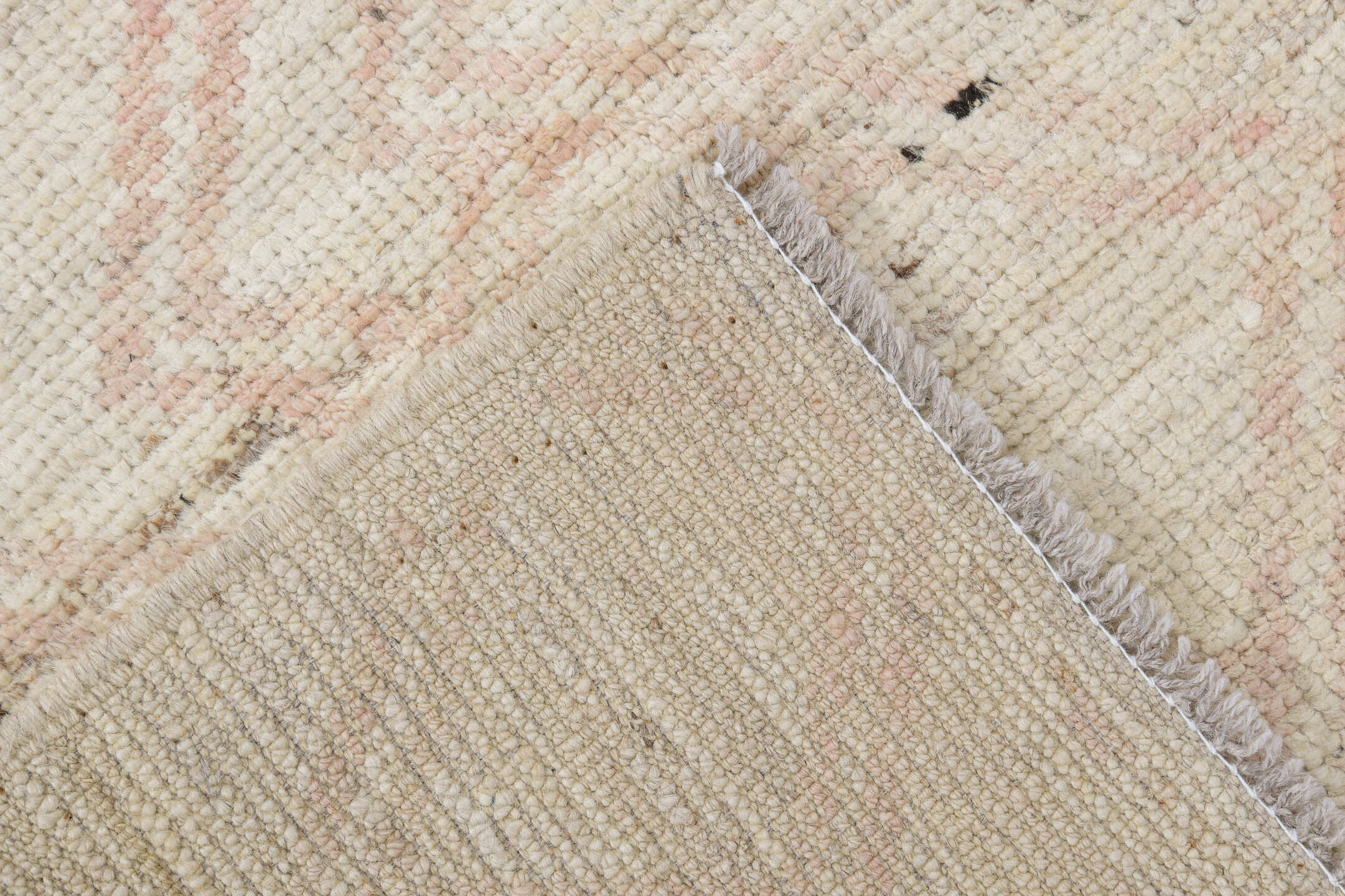 2' x 10' one-of-a-kind handmade vintage Tulu runner rug. Color palette: ivory, cream, blush, taupe, charcoal, pink, beige