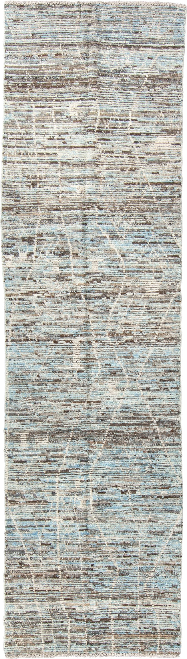 2' x 9' one-of-a-kind handmade vintage Tulu runner rug. Color palette: ivory, taupe, light blue, gray, cream, beige