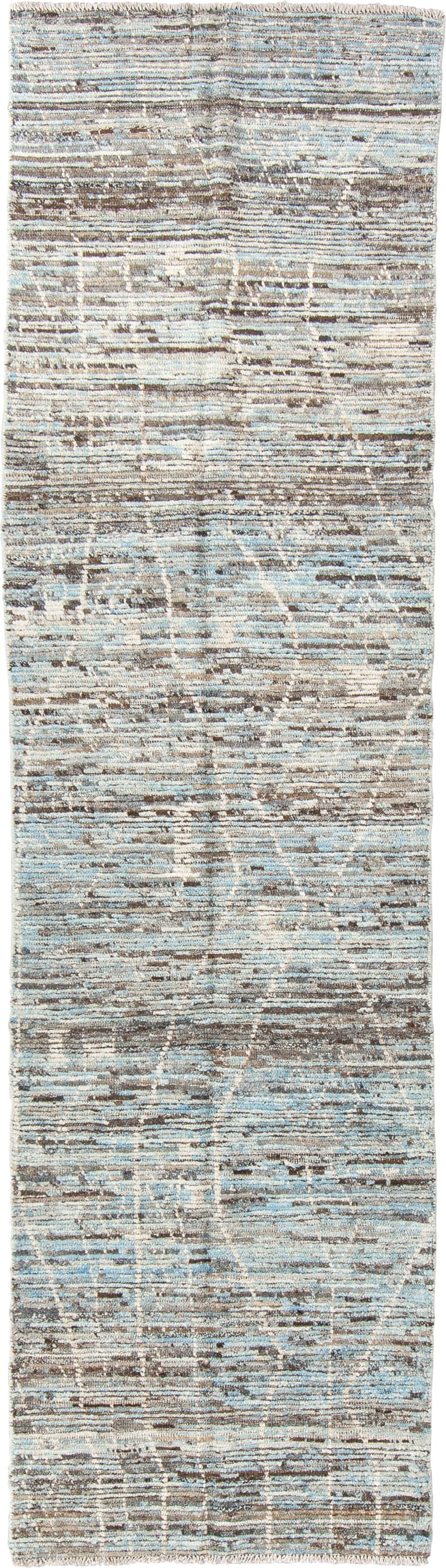 2' x 9' one-of-a-kind handmade vintage Tulu runner rug. Color palette: ivory, taupe, light blue, gray, cream, beige
