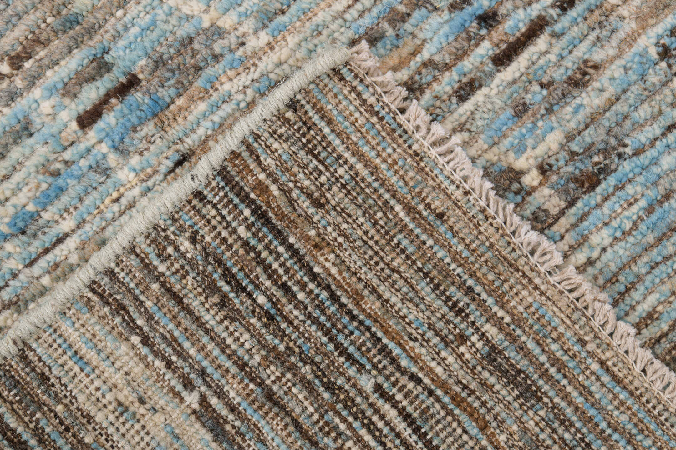 2' x 9' one-of-a-kind handmade vintage Tulu runner rug. Color palette: ivory, taupe, light blue, gray, cream, beige