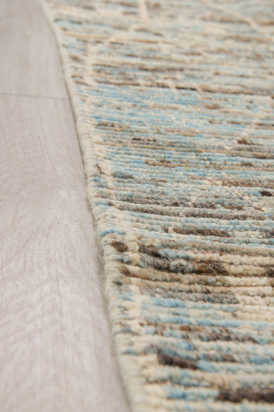 2' x 9' one-of-a-kind handmade vintage Tulu runner rug. Color palette: ivory, taupe, light blue, gray, cream, beige