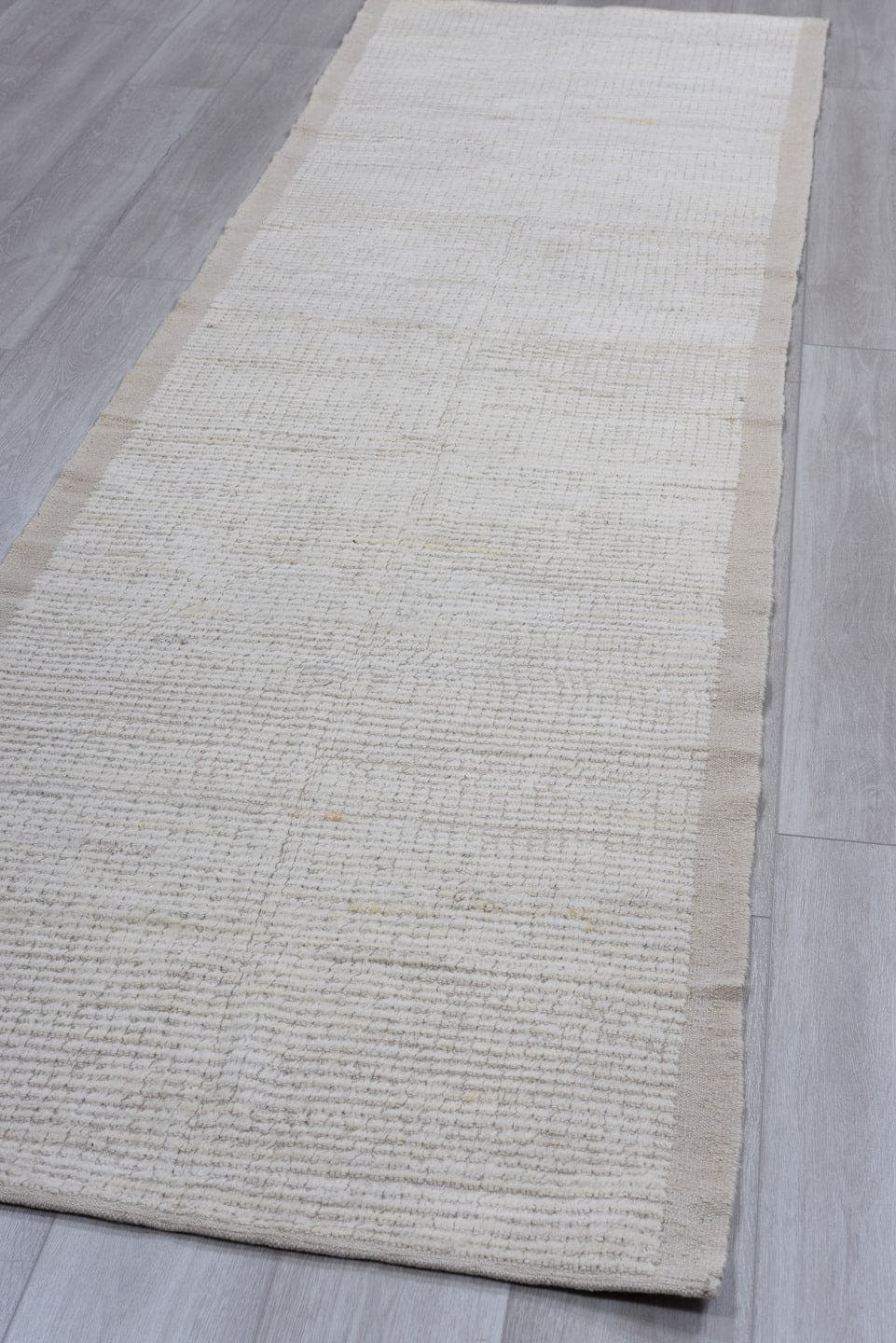 3' x 11' one-of-a-kind handmade vintage Tulu runner rug. Color palette: ivory, beige, taupe, cream, gray