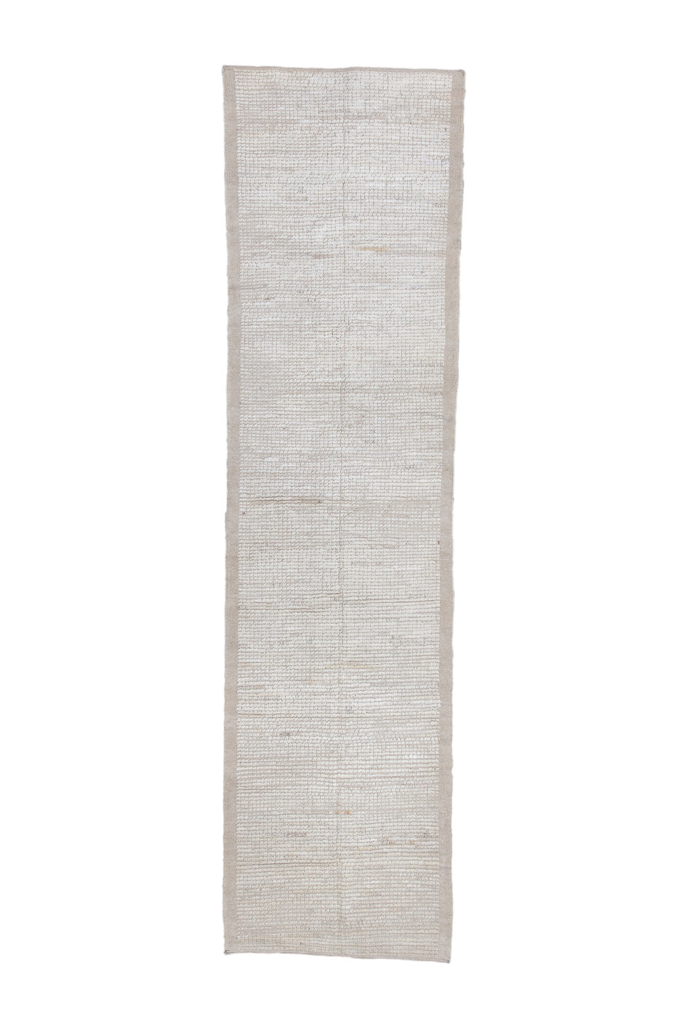 3' x 11' one-of-a-kind handmade vintage Tulu runner rug. Color palette: ivory, beige, taupe, cream, gray