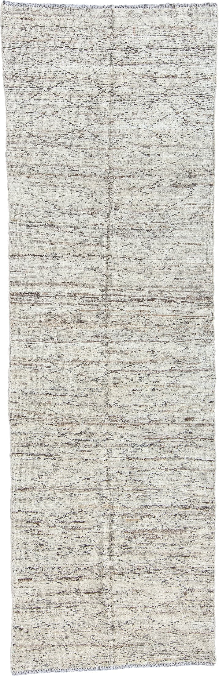 2' x 9' one-of-a-kind handmade vintage Tulu runner rug. Color palette: ivory, taupe, brown, gray, beige
