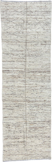 2' x 9' one-of-a-kind handmade vintage Tulu runner rug. Color palette: ivory, taupe, brown, gray, beige