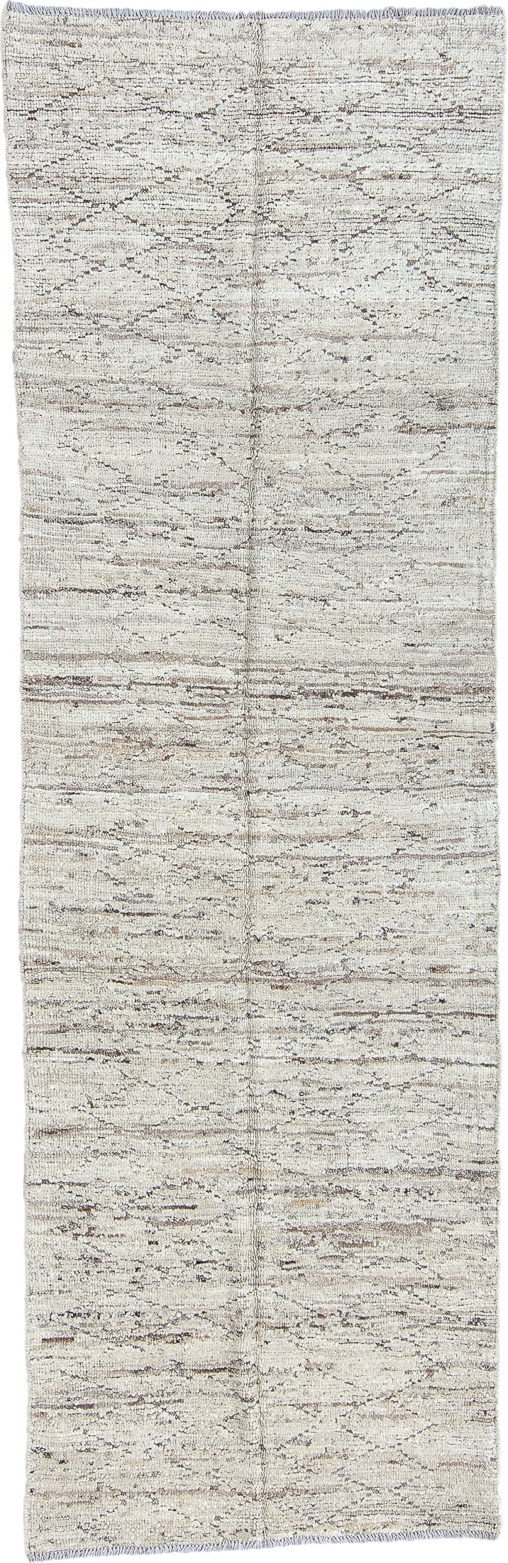 2' x 9' one-of-a-kind handmade vintage Tulu runner rug. Color palette: ivory, taupe, brown, gray, beige