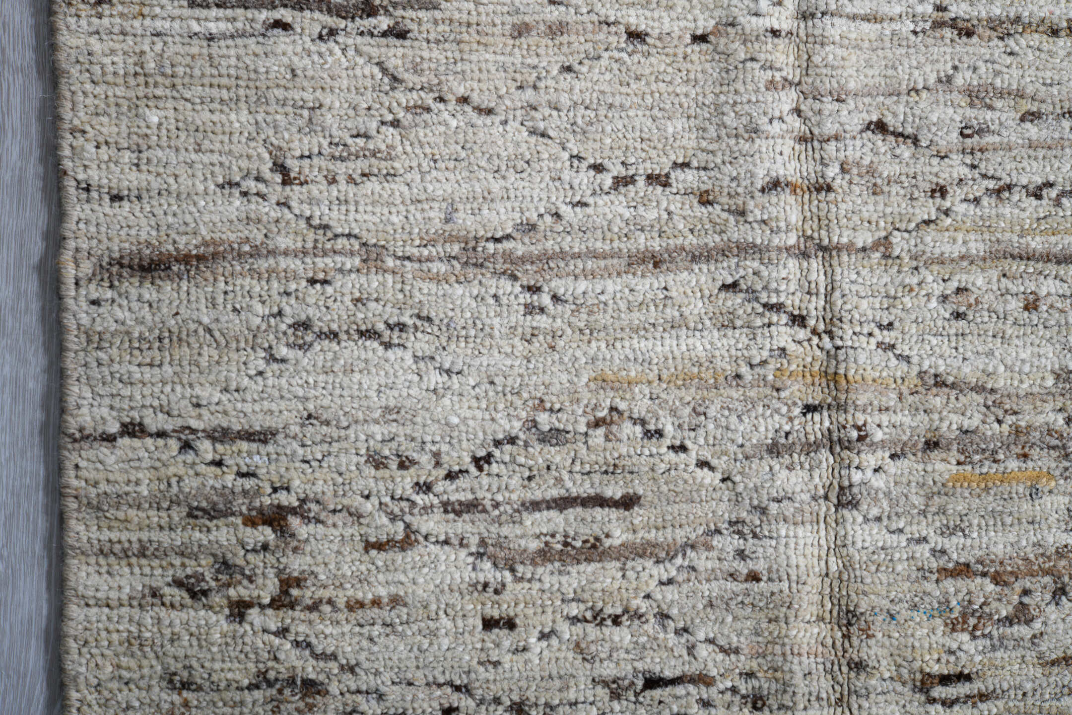 2' x 9' one-of-a-kind handmade vintage Tulu runner rug. Color palette: ivory, taupe, brown, gray, beige