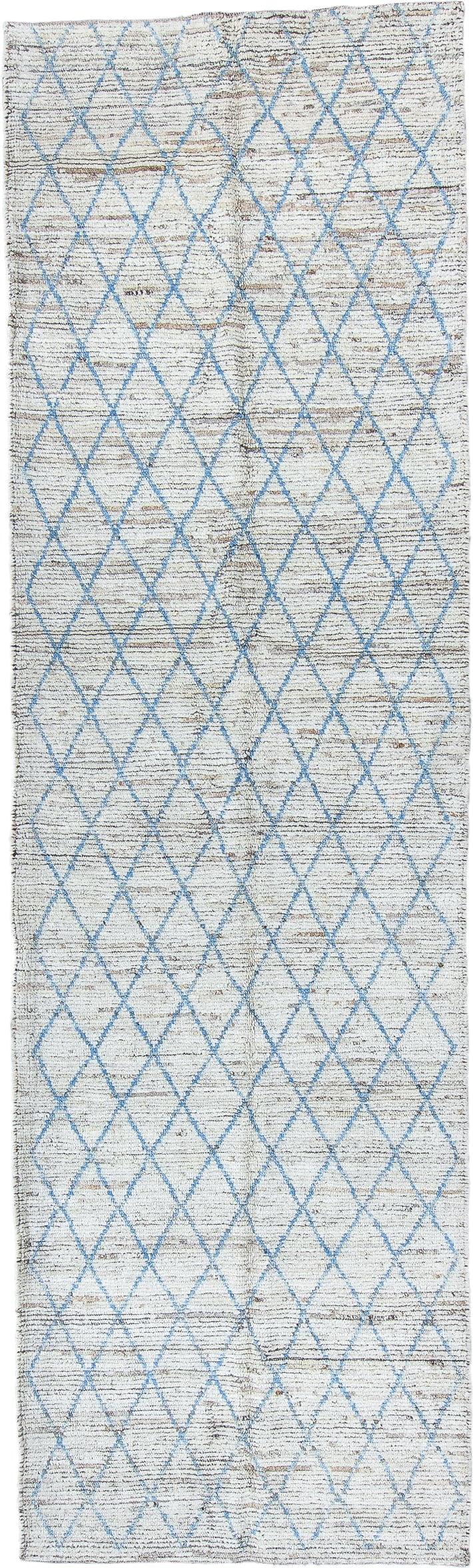 3' x 11' one-of-a-kind handmade vintage Tulu runner rug. Color palette: ivory, sky blue, taupe, gray, light blue, beige