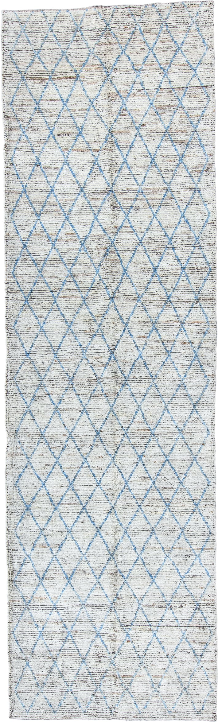 3' x 11' one-of-a-kind handmade vintage Tulu runner rug. Color palette: ivory, sky blue, taupe, gray, light blue, beige
