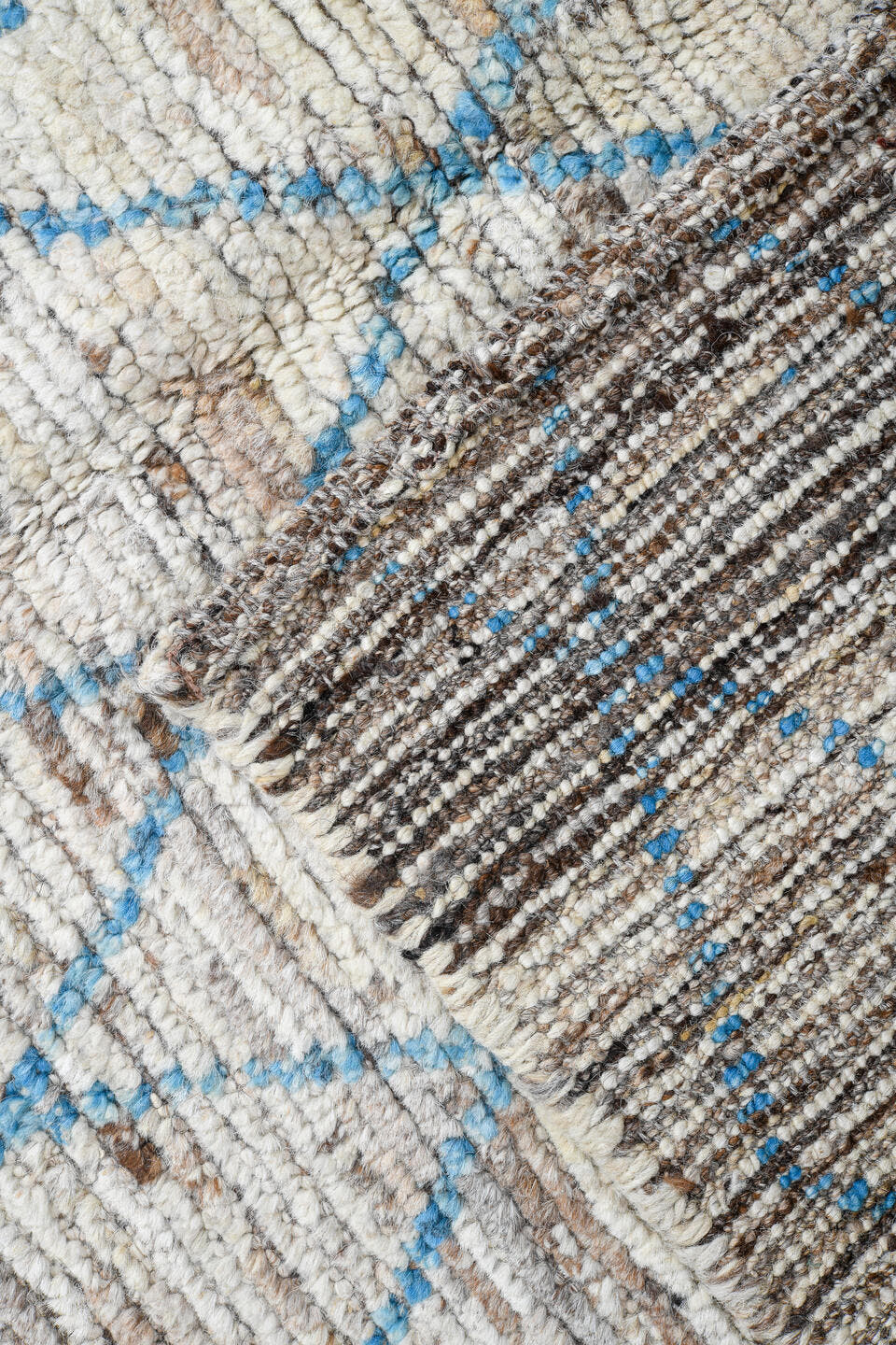 3' x 11' one-of-a-kind handmade vintage Tulu runner rug. Color palette: ivory, sky blue, taupe, gray, light blue, beige