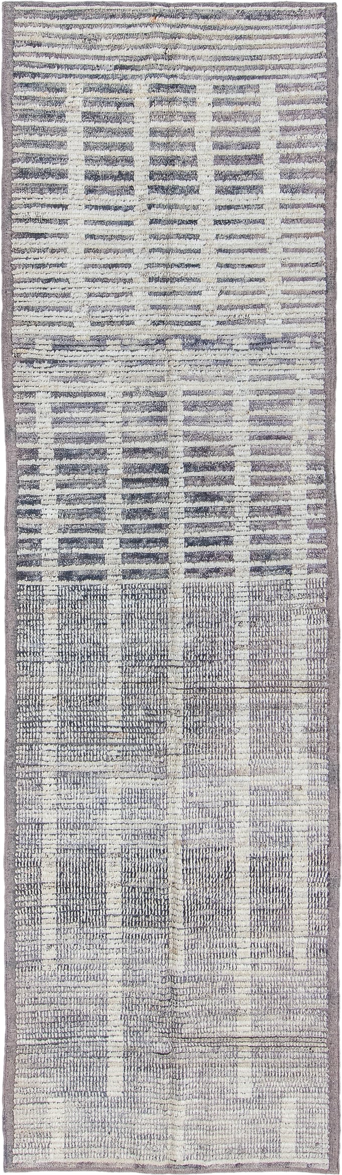3' x 11' one-of-a-kind handmade vintage Tulu runner rug. Color palette: ivory, gray, taupe, charcoal, beige, black