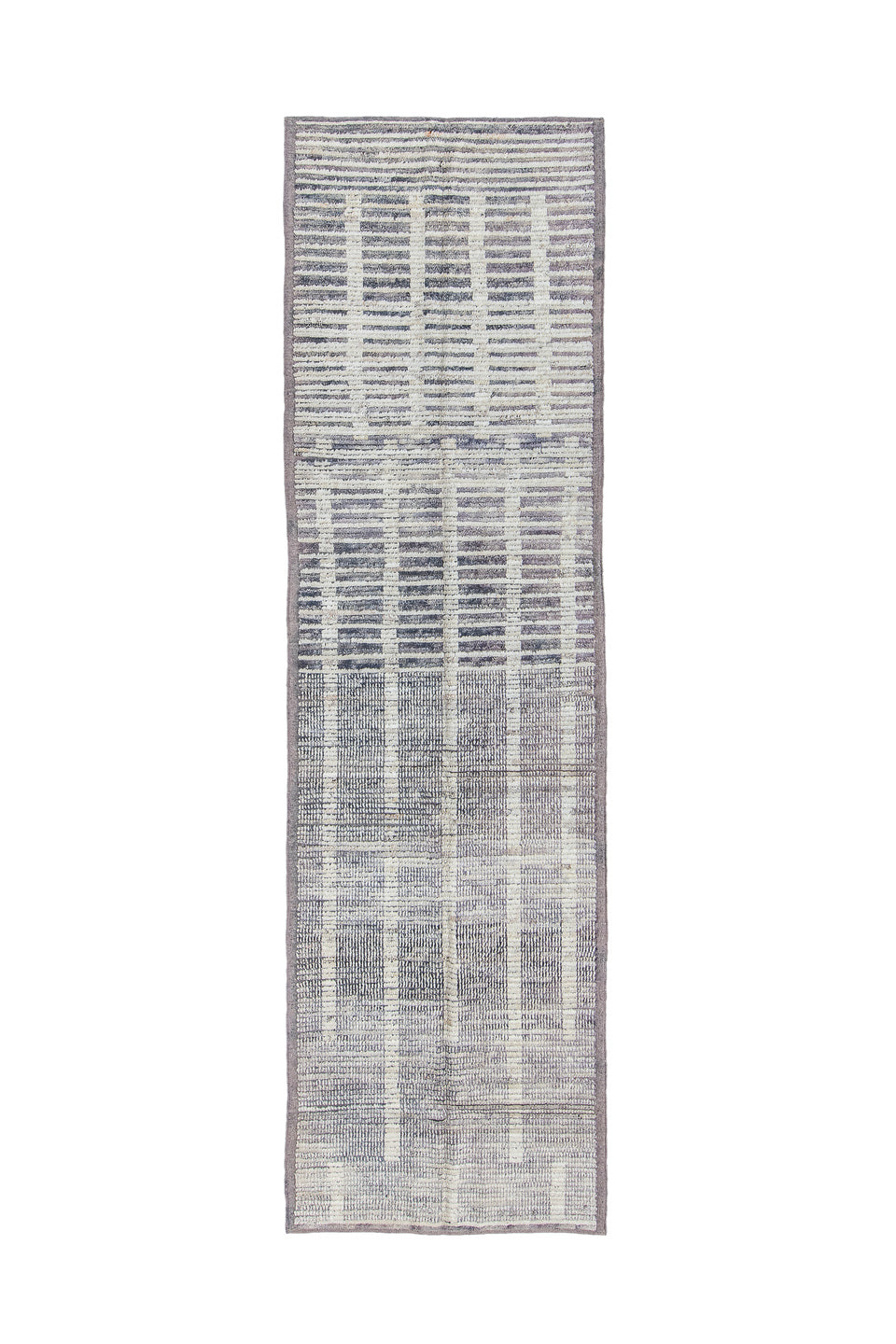 3' x 11' one-of-a-kind handmade vintage Tulu runner rug. Color palette: blue, dark gray, dim gray, gainsboro, gray
