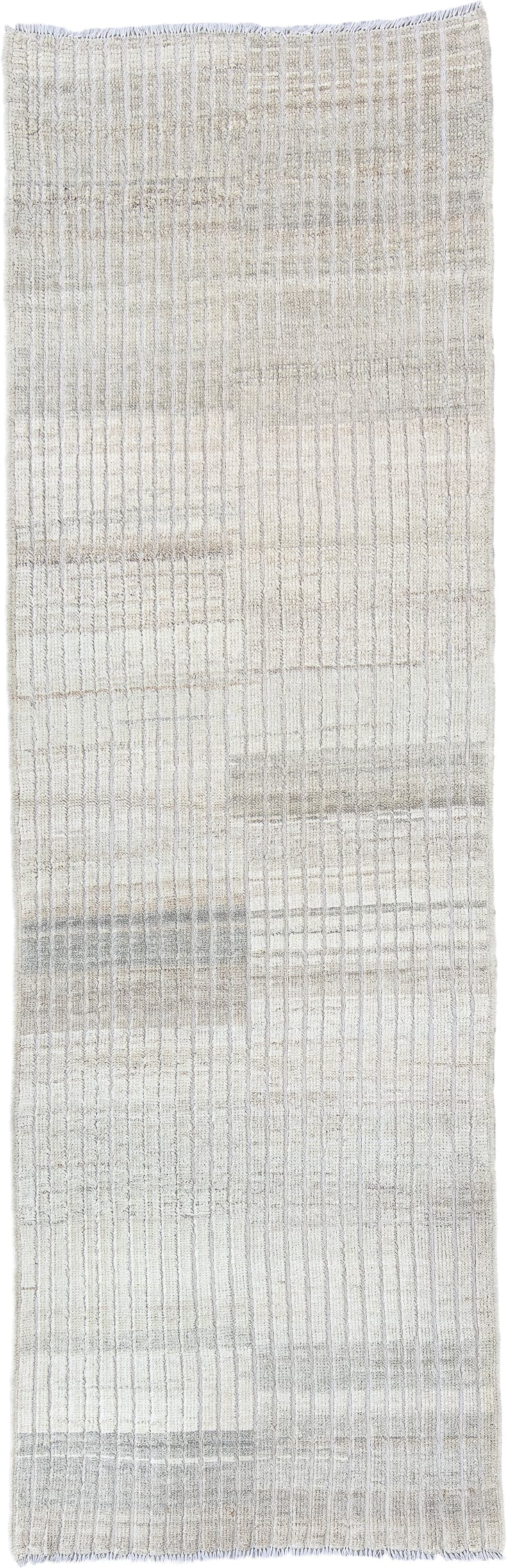 2' x 9' one-of-a-kind handmade vintage Tulu runner rug. Color palette: ivory, cream, light gray, taupe, beige, gray
