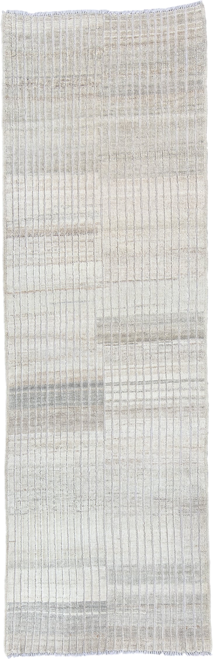 2' x 9' one-of-a-kind handmade vintage Tulu runner rug. Color palette: ivory, cream, light gray, taupe, beige, gray