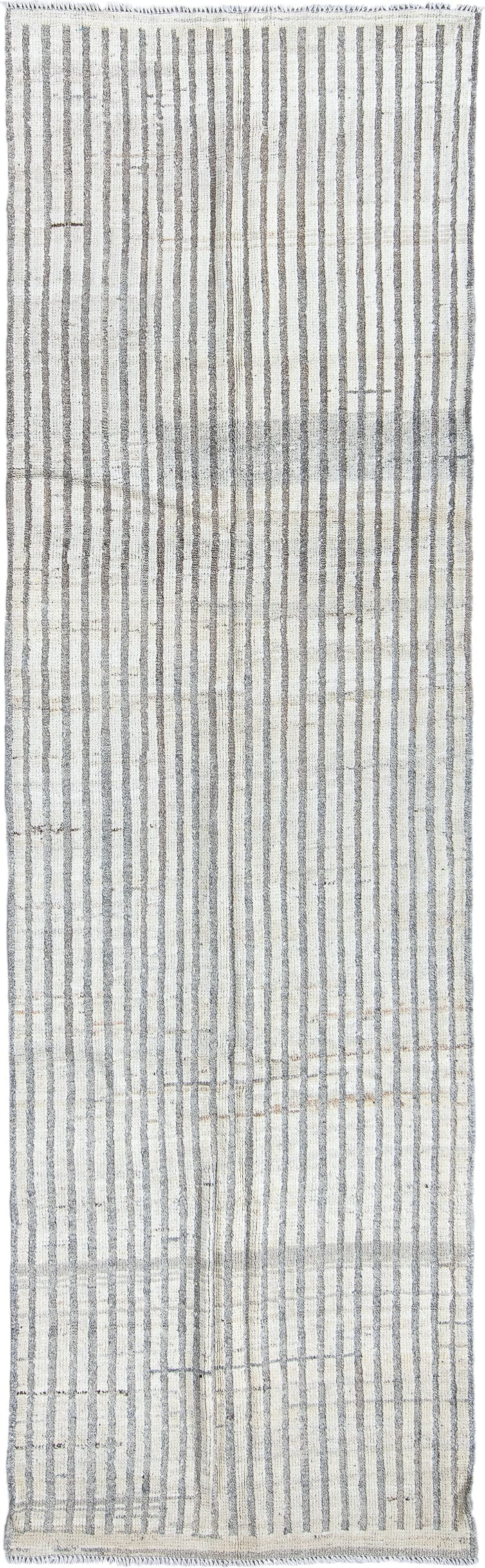 2' x 10' one-of-a-kind handmade vintage Tulu runner rug. Color palette: ivory, gray, taupe, cream, beige