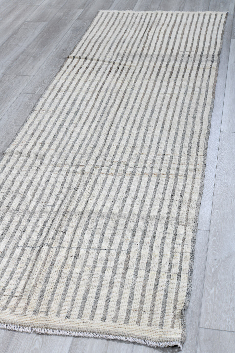 2' x 10' one-of-a-kind handmade vintage Tulu runner rug. Color palette: ivory, gray, taupe, cream, beige