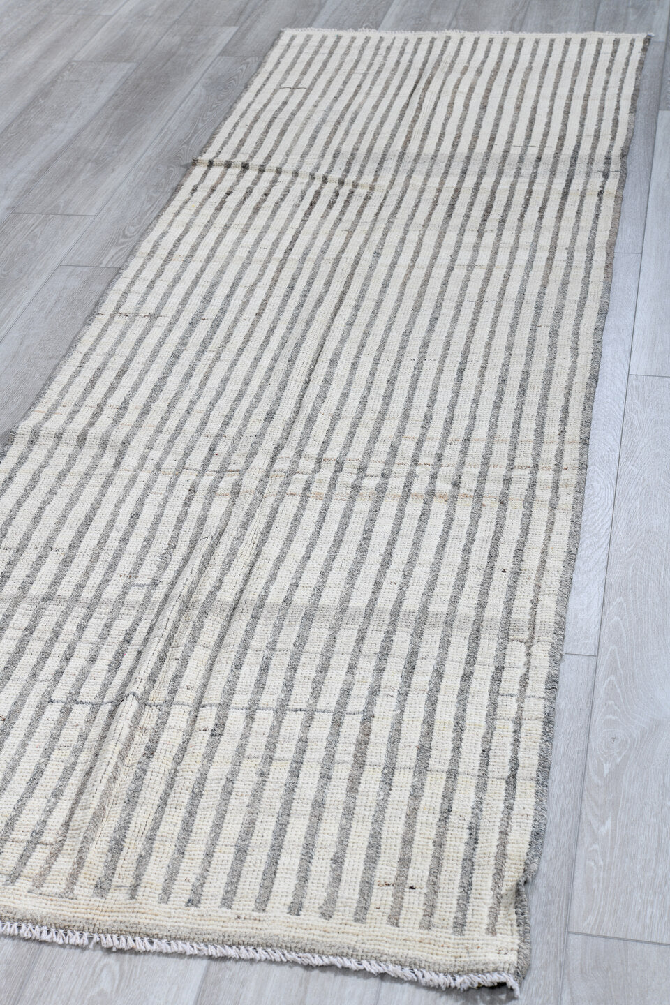 2' x 10' one-of-a-kind handmade vintage Tulu runner rug. Color palette: ivory, gray, taupe, cream, beige