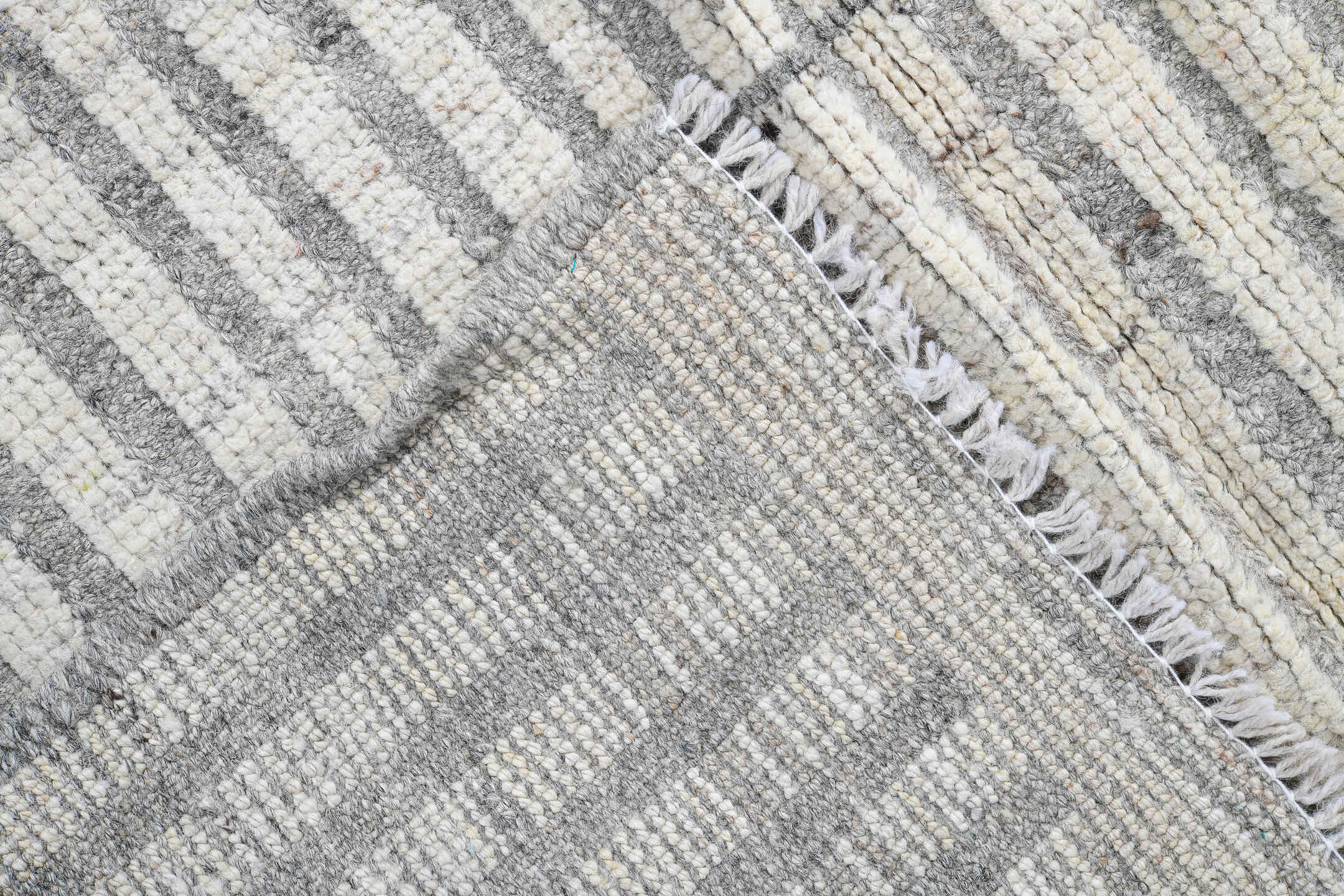 2' x 10' one-of-a-kind handmade vintage Tulu runner rug. Color palette: ivory, gray, taupe, cream, beige