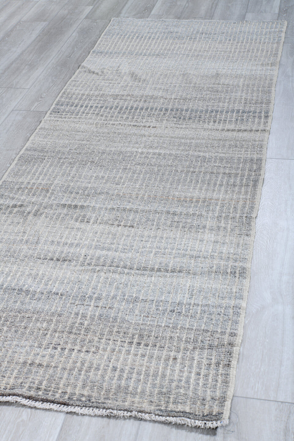 3' x 9' one-of-a-kind handmade vintage Kilim runner rug. Color palette: gray, ivory, slate, cream