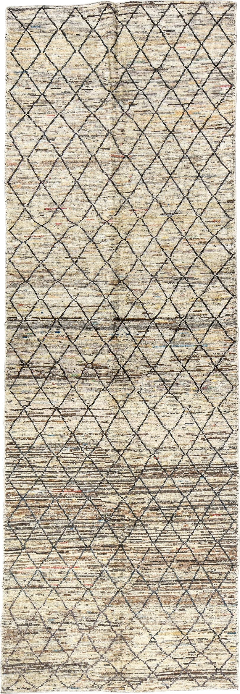 3' x 10' one-of-a-kind handmade vintage Tulu runner rug. Color palette: ivory, charcoal, taupe, brown, camel, faded blue