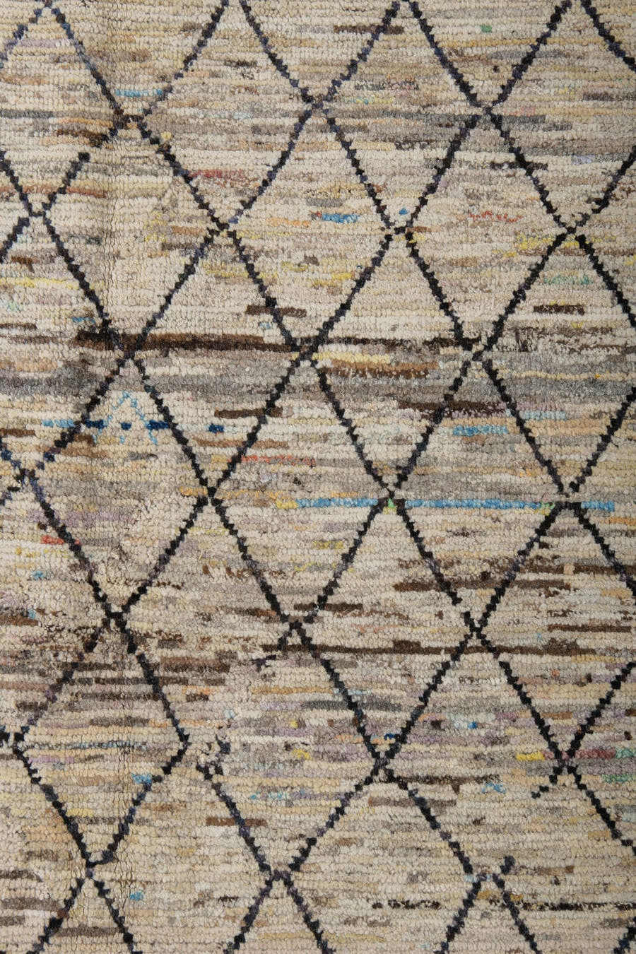 3' x 10' one-of-a-kind handmade vintage Tulu runner rug. Color palette: ivory, charcoal, taupe, brown, camel, faded blue