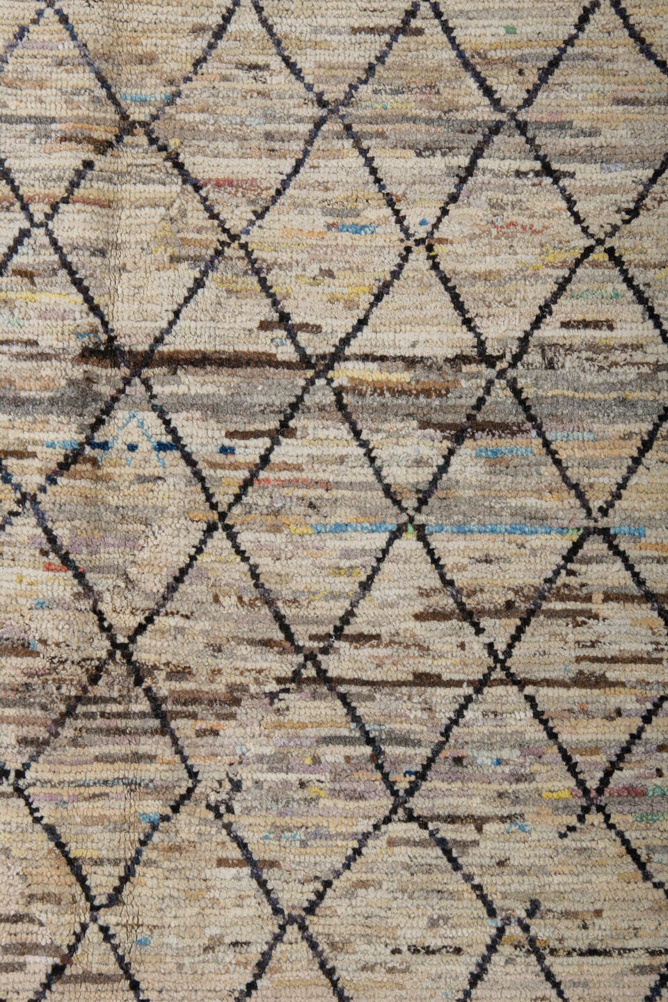3' x 10' one-of-a-kind handmade vintage Tulu runner rug. Color palette: ivory, charcoal, taupe, brown, camel, faded blue