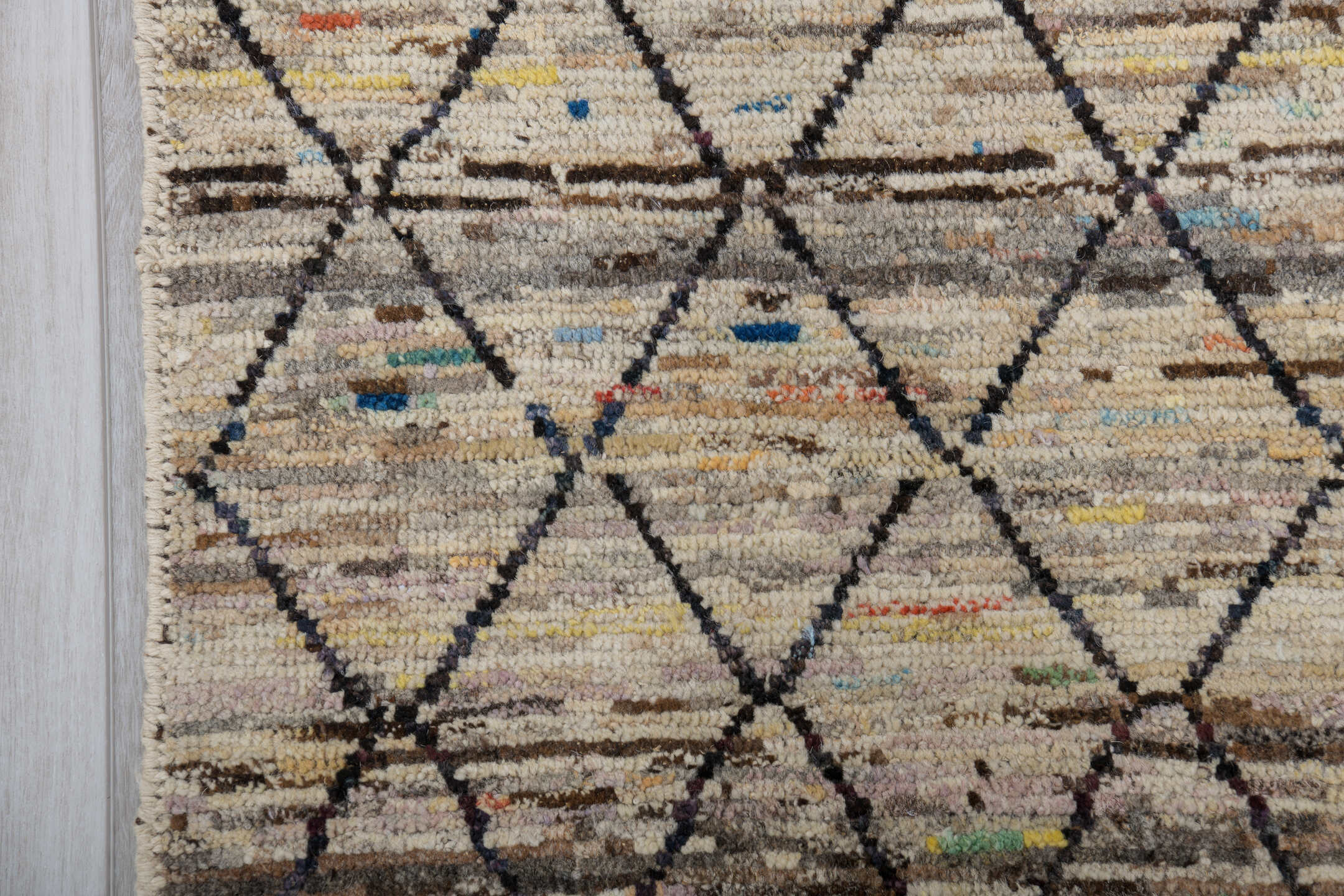 3' x 10' one-of-a-kind handmade vintage Tulu runner rug. Color palette: ivory, charcoal, taupe, brown, camel, faded blue