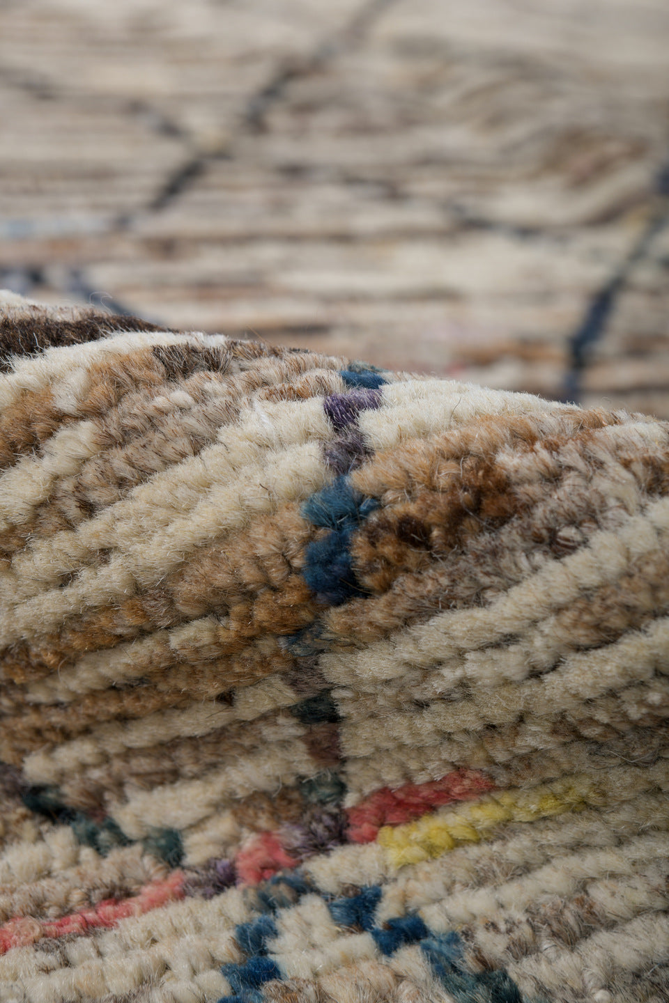 3' x 10' one-of-a-kind handmade vintage Tulu runner rug. Color palette: ivory, charcoal, taupe, brown, camel, faded blue