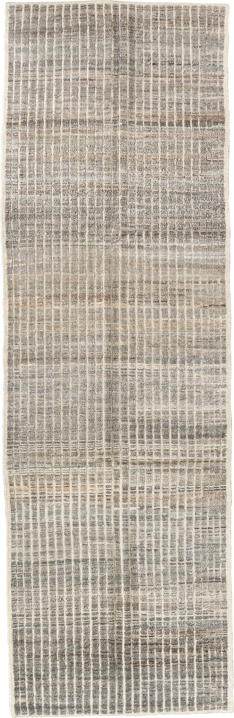 3' x 9' one-of-a-kind handmade vintage Tulu runner rug. Color palette: ivory, gray, taupe, charcoal, cream, beige, black