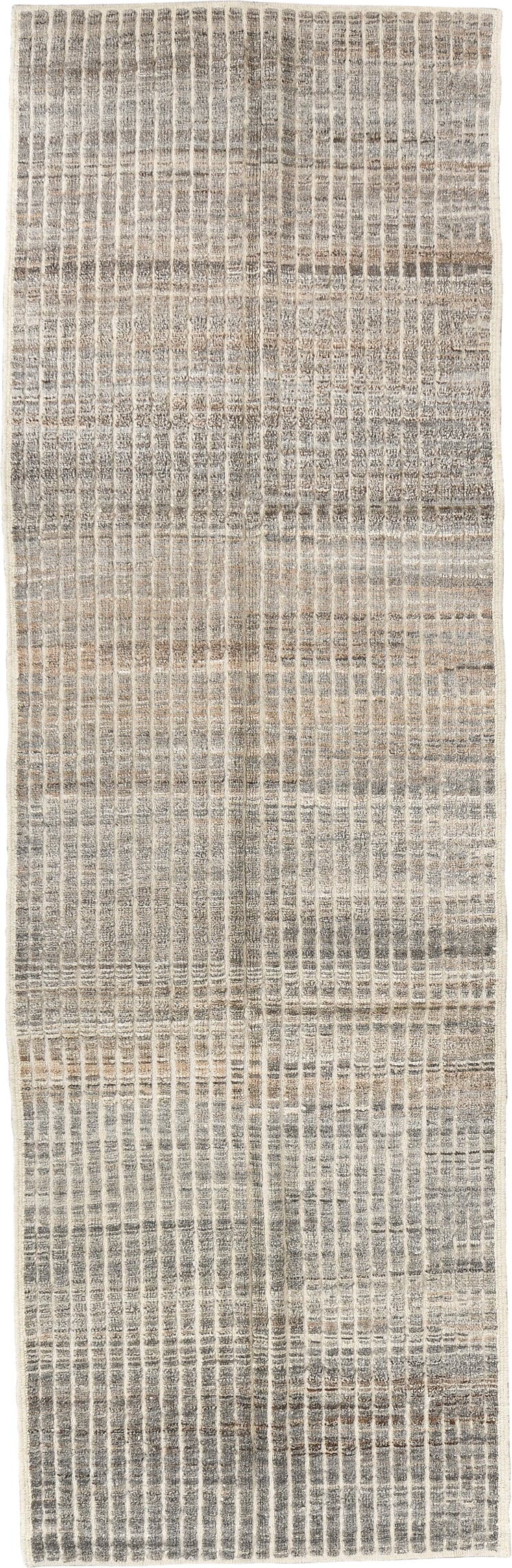 3' x 9' one-of-a-kind handmade vintage Tulu runner rug. Color palette: ivory, gray, taupe, charcoal, cream, beige, black