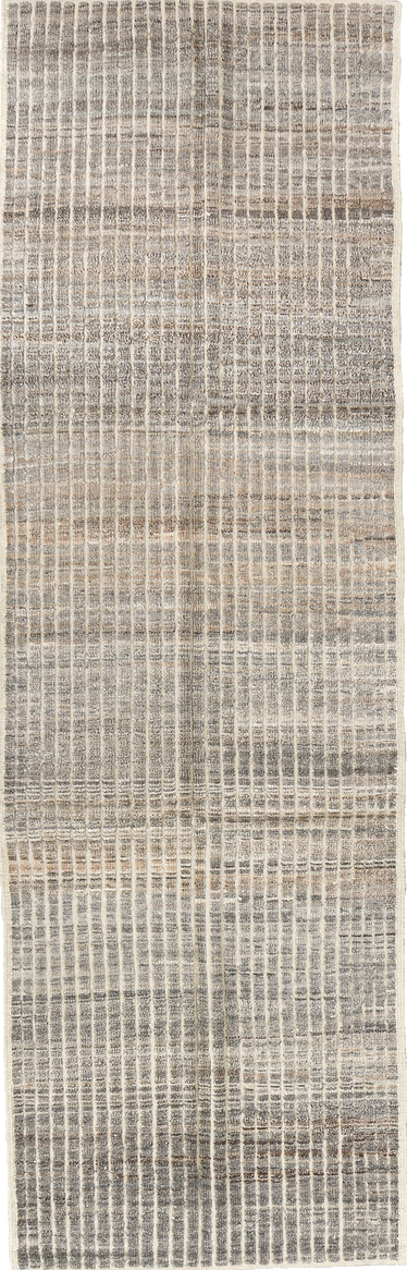 3' x 9' one-of-a-kind handmade vintage Tulu runner rug. Color palette: brown, dim gray, gray, light gray, off-white, pink
