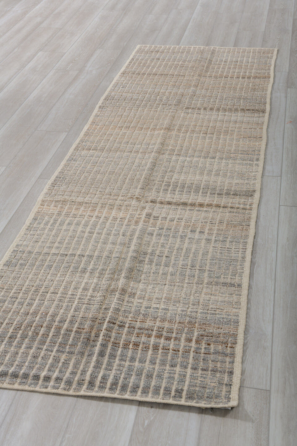 3' x 9' one-of-a-kind handmade vintage Tulu runner rug. Color palette: ivory, gray, taupe, charcoal, cream, beige, black